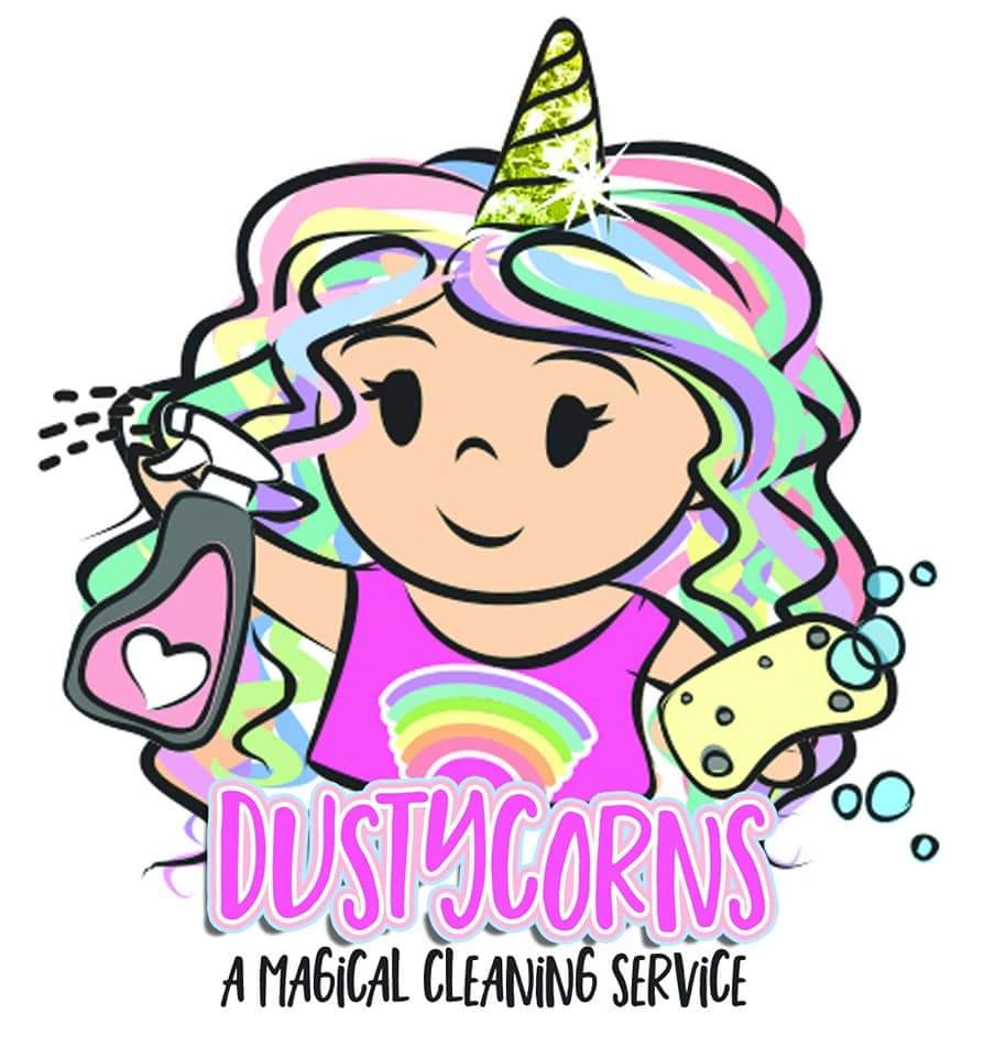 Dustycorns unicorn mascot — a friendly magical cleaning character