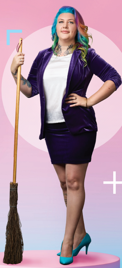 Rielle Berglund, Director of Dustycorns Cleaning, holding a broom